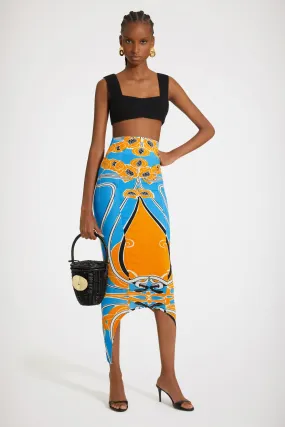 Curve midi skirt in printed organic stretch seersucker