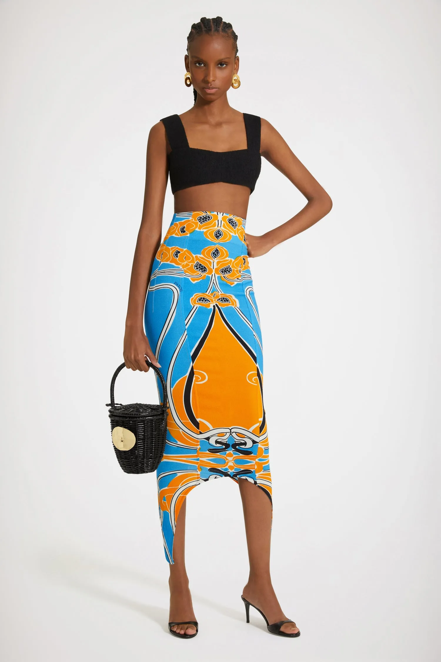 Curve midi skirt in printed organic stretch seersucker