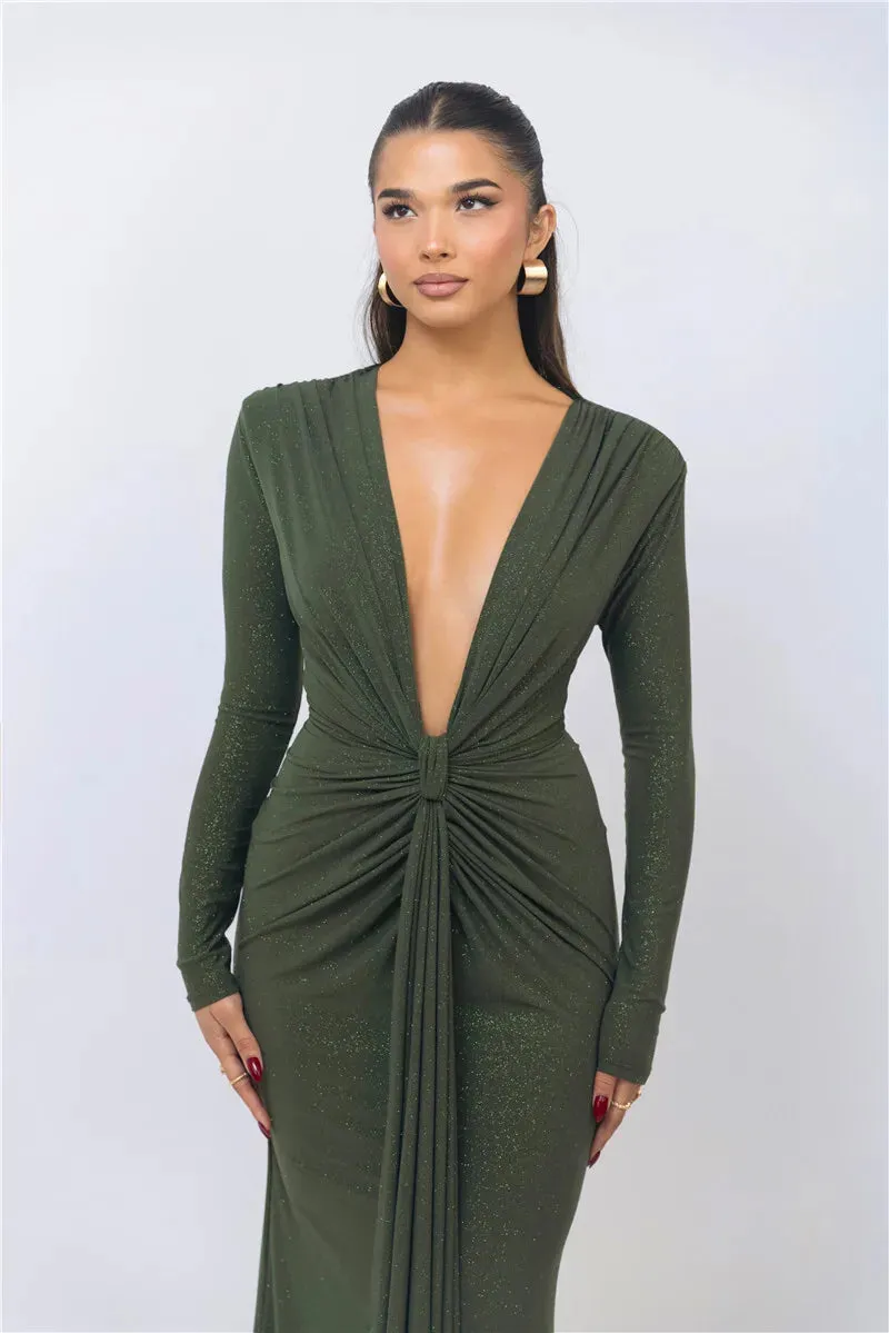 Deep V Neck Glitter Long Sleeve Ruched Split Party Dress