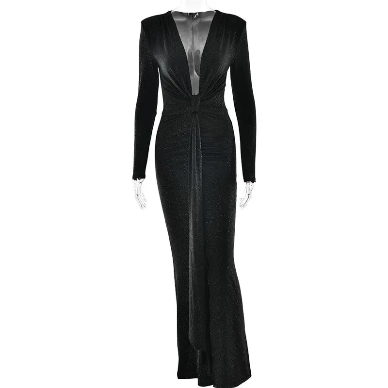 Deep V Neck Glitter Long Sleeve Ruched Split Party Dress
