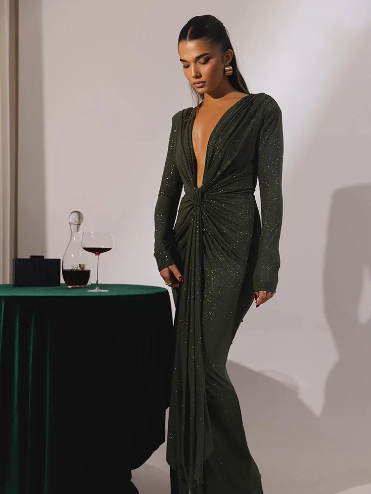 Deep V Neck Glitter Long Sleeve Ruched Split Party Dress