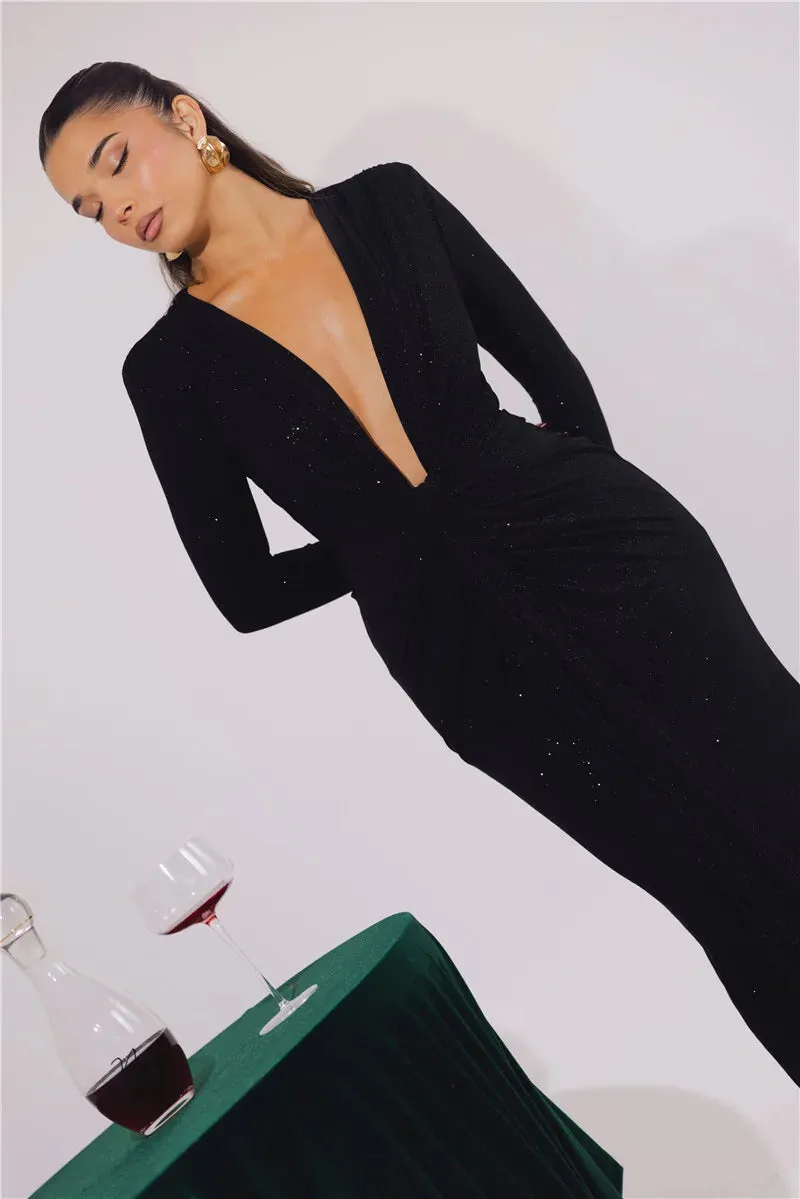 Deep V Neck Glitter Long Sleeve Ruched Split Party Dress