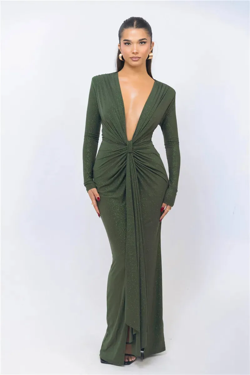 Deep V Neck Glitter Long Sleeve Ruched Split Party Dress