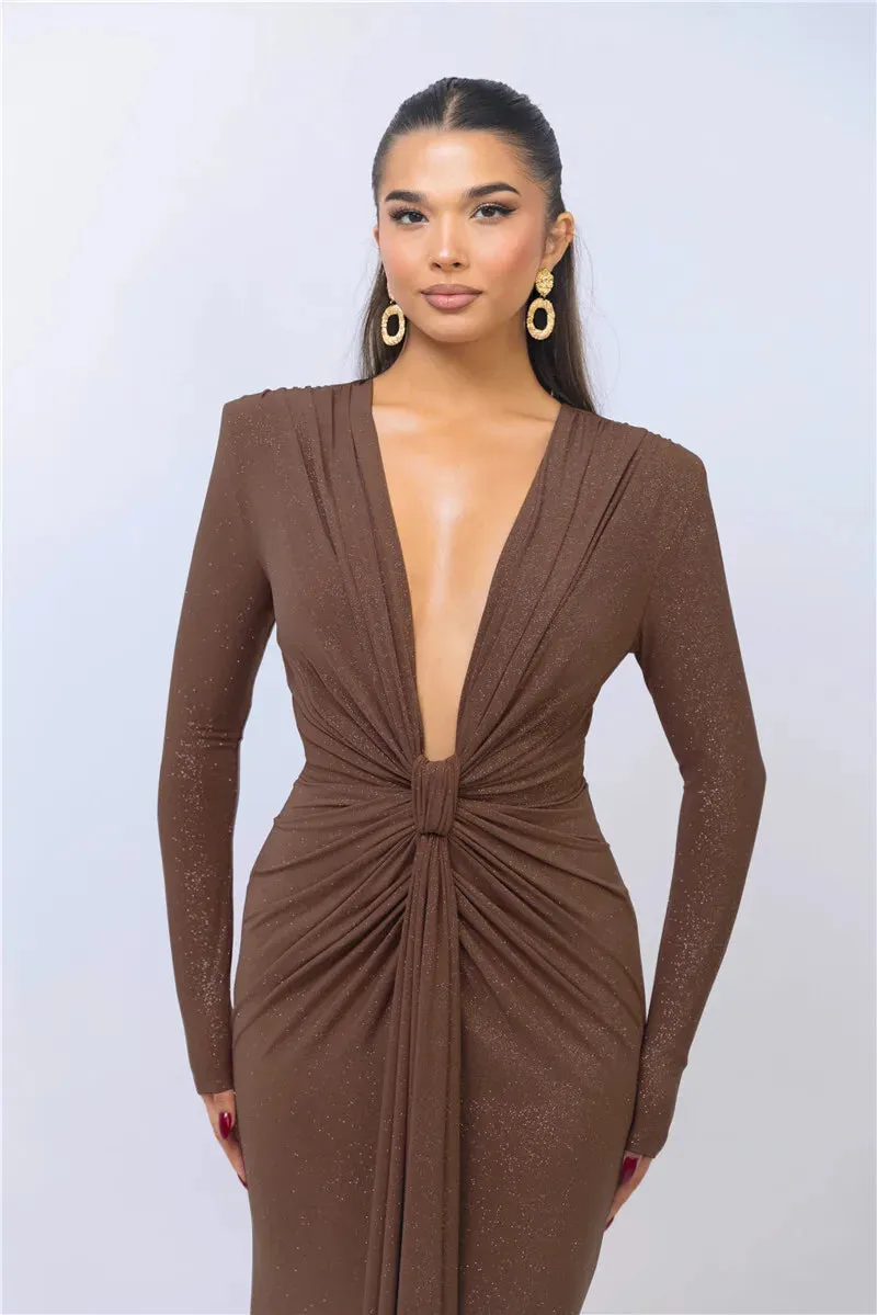 Deep V Neck Glitter Long Sleeve Ruched Split Party Dress