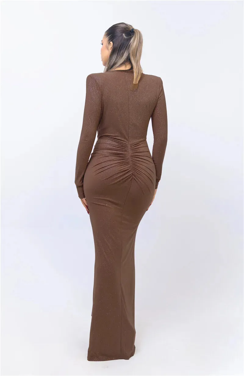 Deep V Neck Glitter Long Sleeve Ruched Split Party Dress