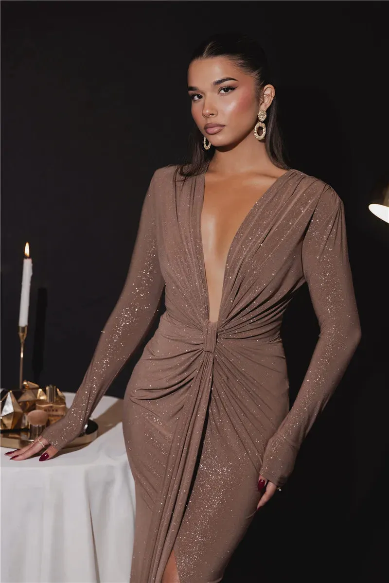 Deep V Neck Glitter Long Sleeve Ruched Split Party Dress