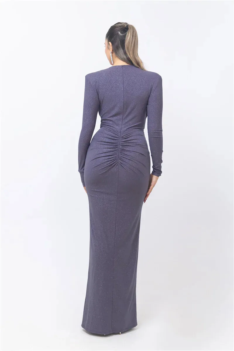 Deep V Neck Glitter Long Sleeve Ruched Split Party Dress