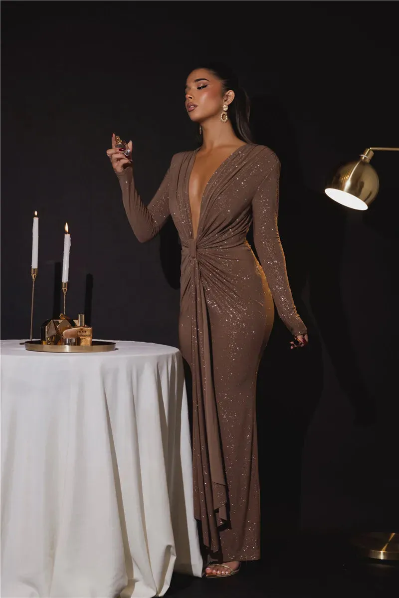 Deep V Neck Glitter Long Sleeve Ruched Split Party Dress