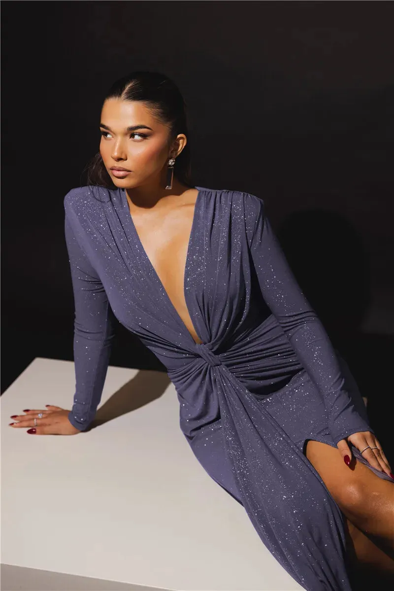 Deep V Neck Glitter Long Sleeve Ruched Split Party Dress