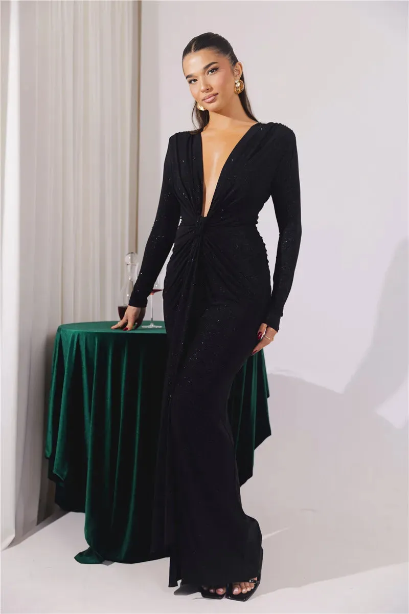 Deep V Neck Glitter Long Sleeve Ruched Split Party Dress