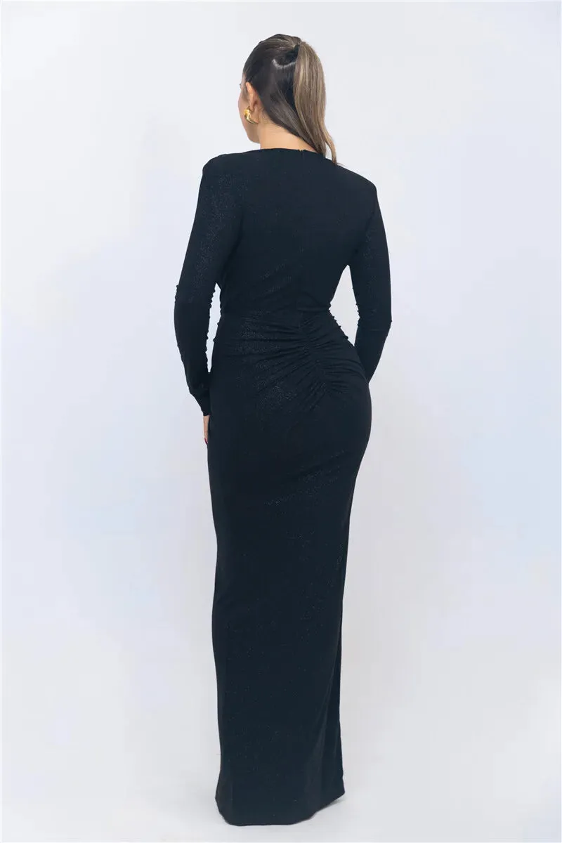 Deep V Neck Glitter Long Sleeve Ruched Split Party Dress