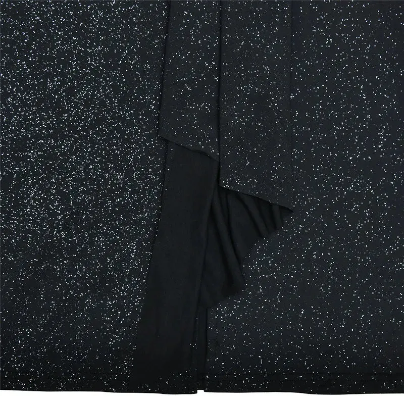 Deep V Neck Glitter Long Sleeve Ruched Split Party Dress