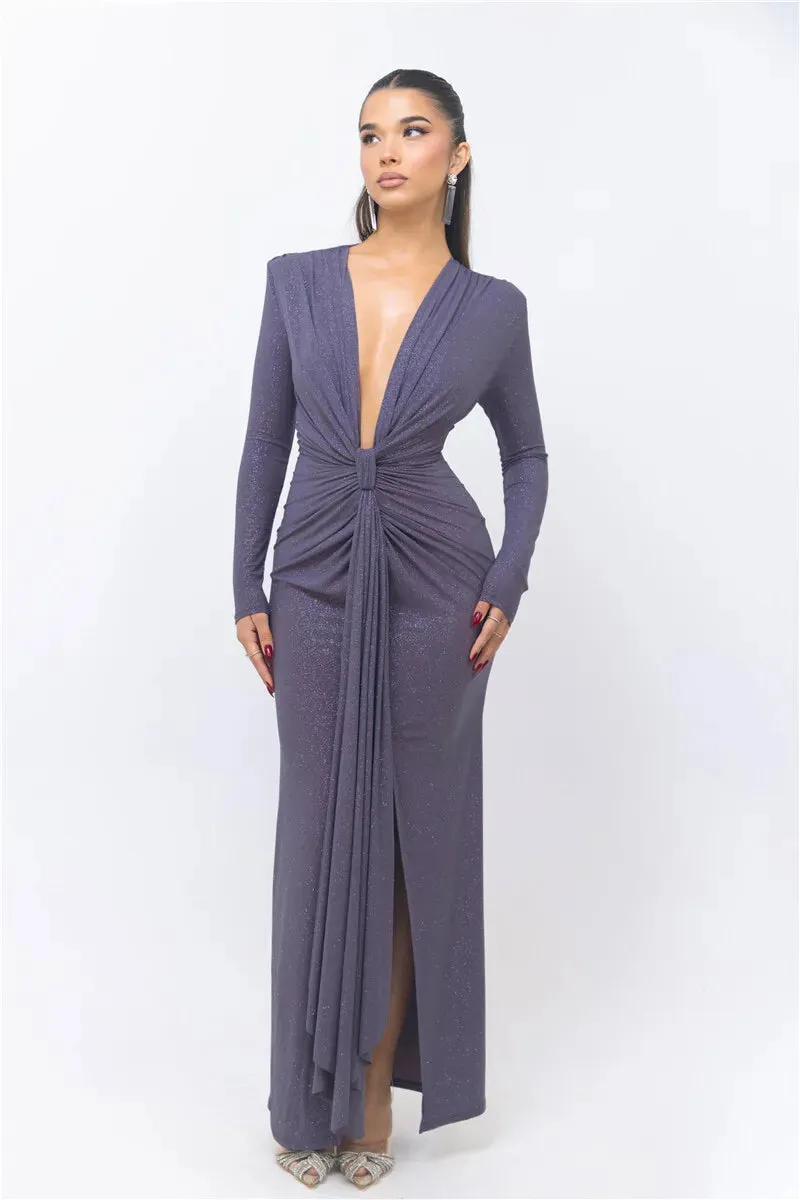Deep V Neck Glitter Long Sleeve Ruched Split Party Dress