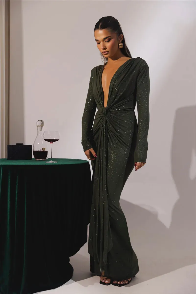 Deep V Neck Glitter Long Sleeve Ruched Split Party Dress