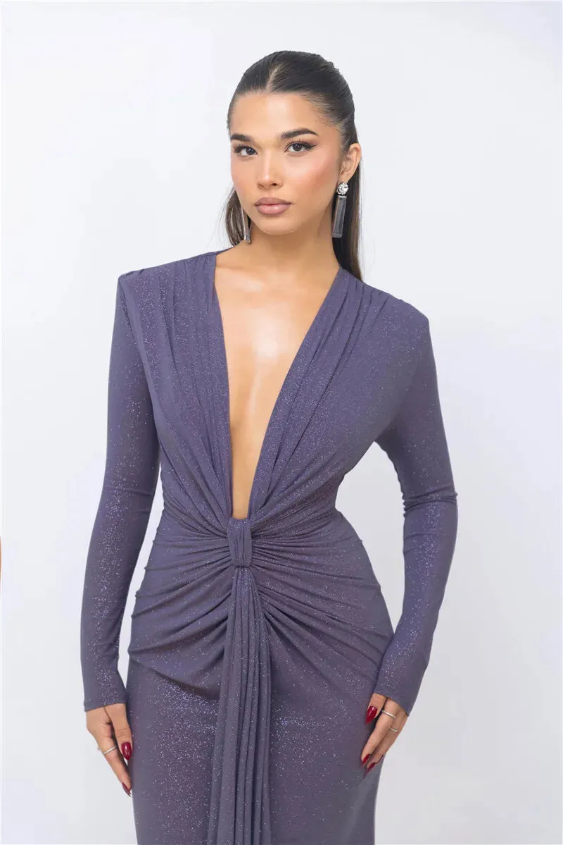 Deep V Neck Glitter Long Sleeve Ruched Split Party Dress