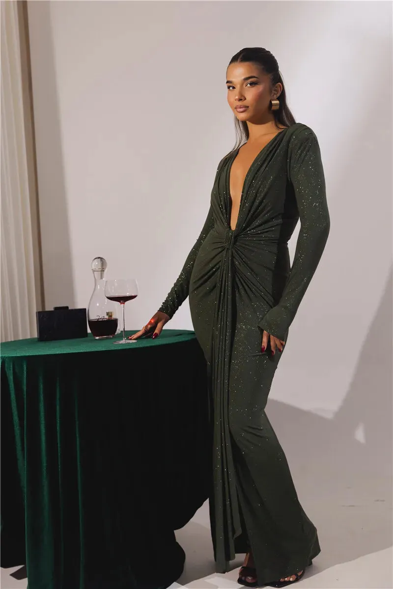 Deep V Neck Glitter Long Sleeve Ruched Split Party Dress