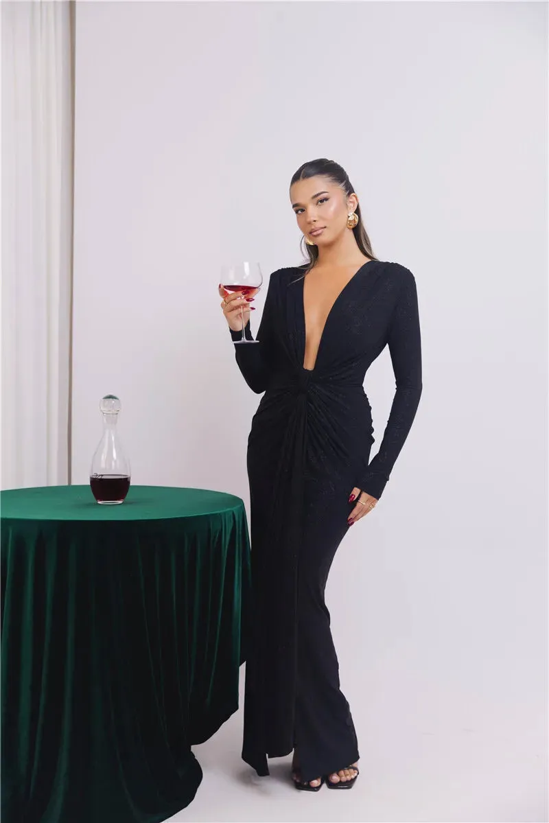 Deep V Neck Glitter Long Sleeve Ruched Split Party Dress