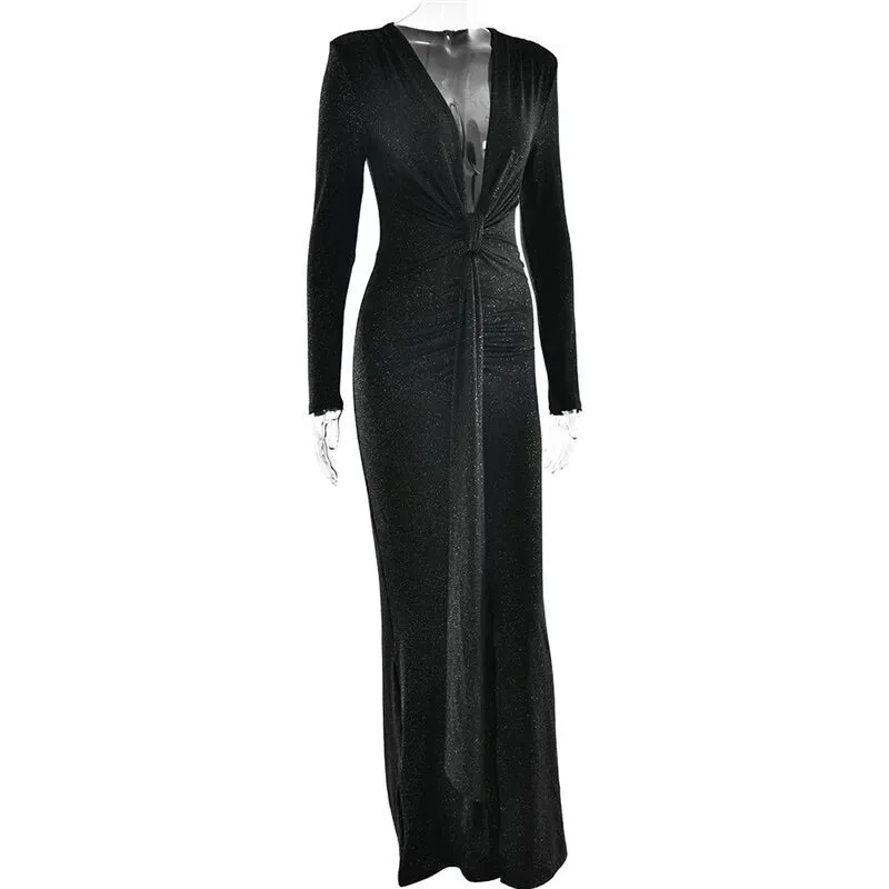 Deep V Neck Glitter Long Sleeve Ruched Split Party Dress