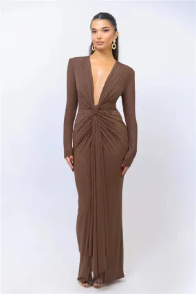 Deep V Neck Glitter Long Sleeve Ruched Split Party Dress