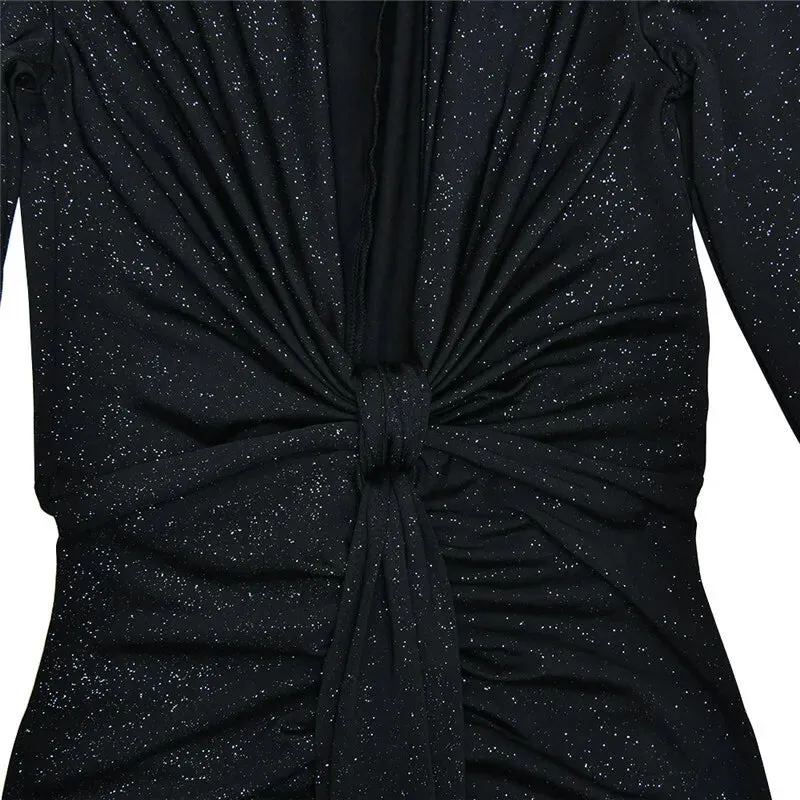 Deep V Neck Glitter Long Sleeve Ruched Split Party Dress