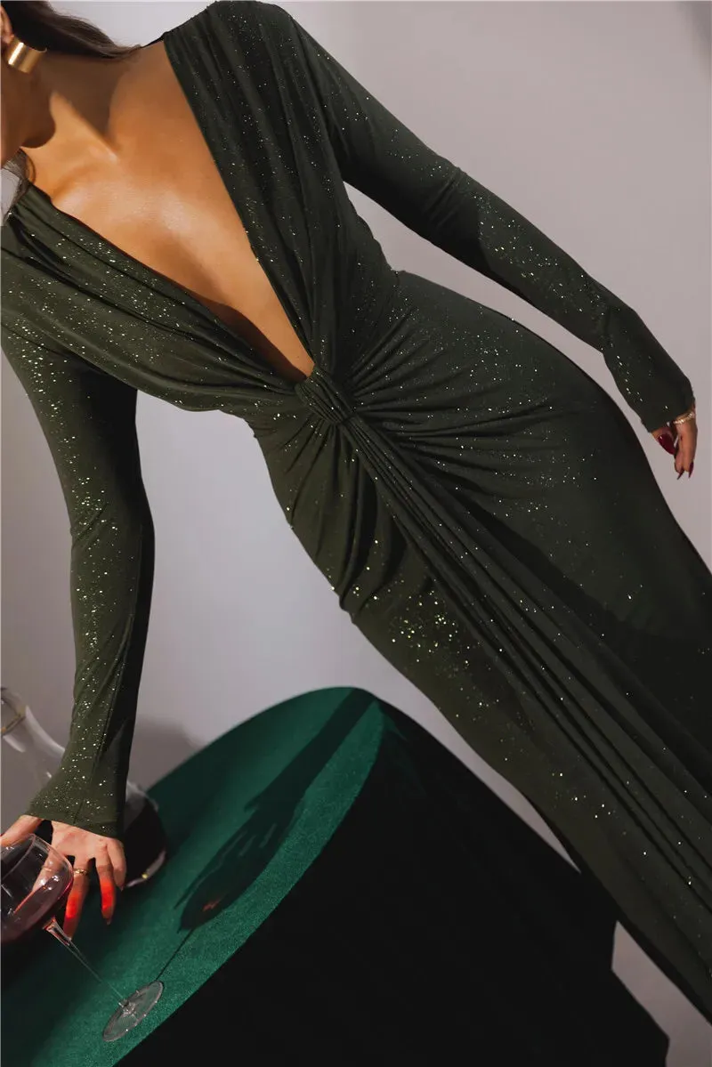 Deep V Neck Glitter Long Sleeve Ruched Split Party Dress