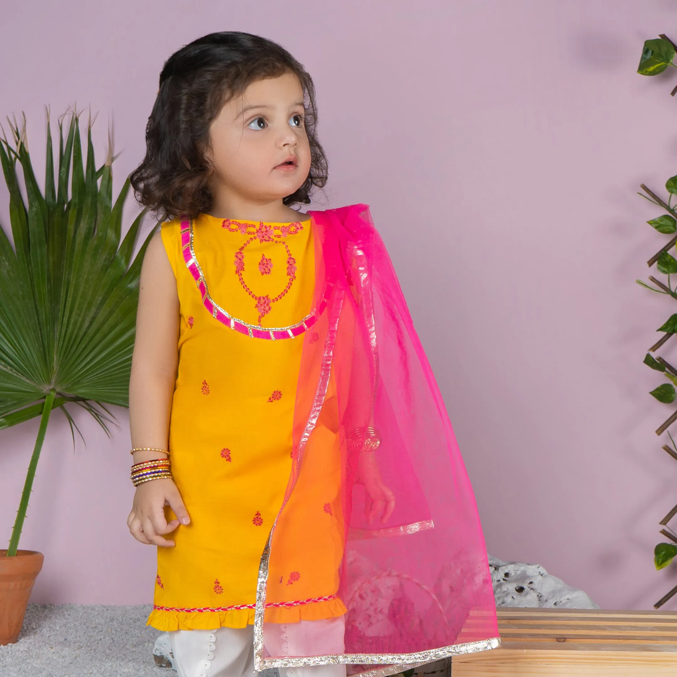 Dhaagay Amber Yellow Flared Tunic 3 Piece