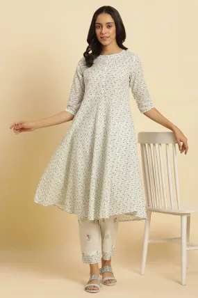 Ecru Floral Printed A-Line Kurta And Pants Set