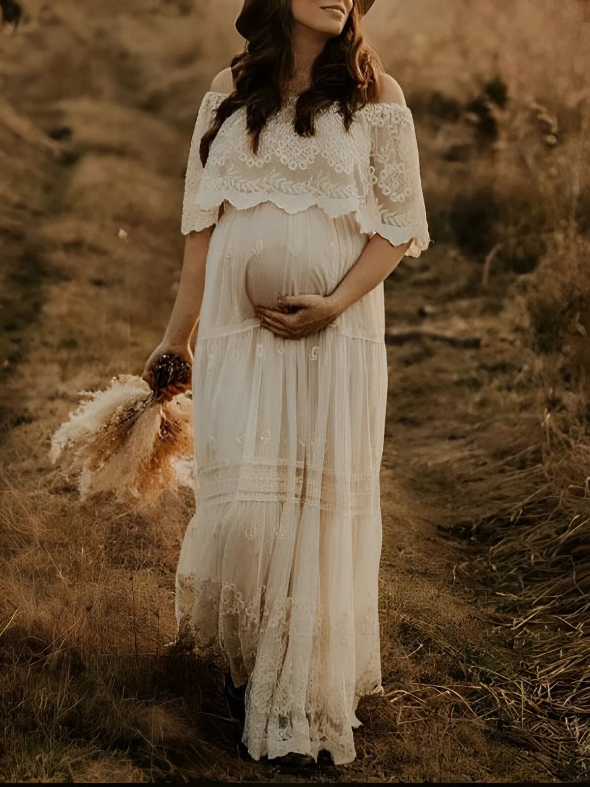 Elegant Lace Off Shoulder Maternity Photoshoot Dress W0024