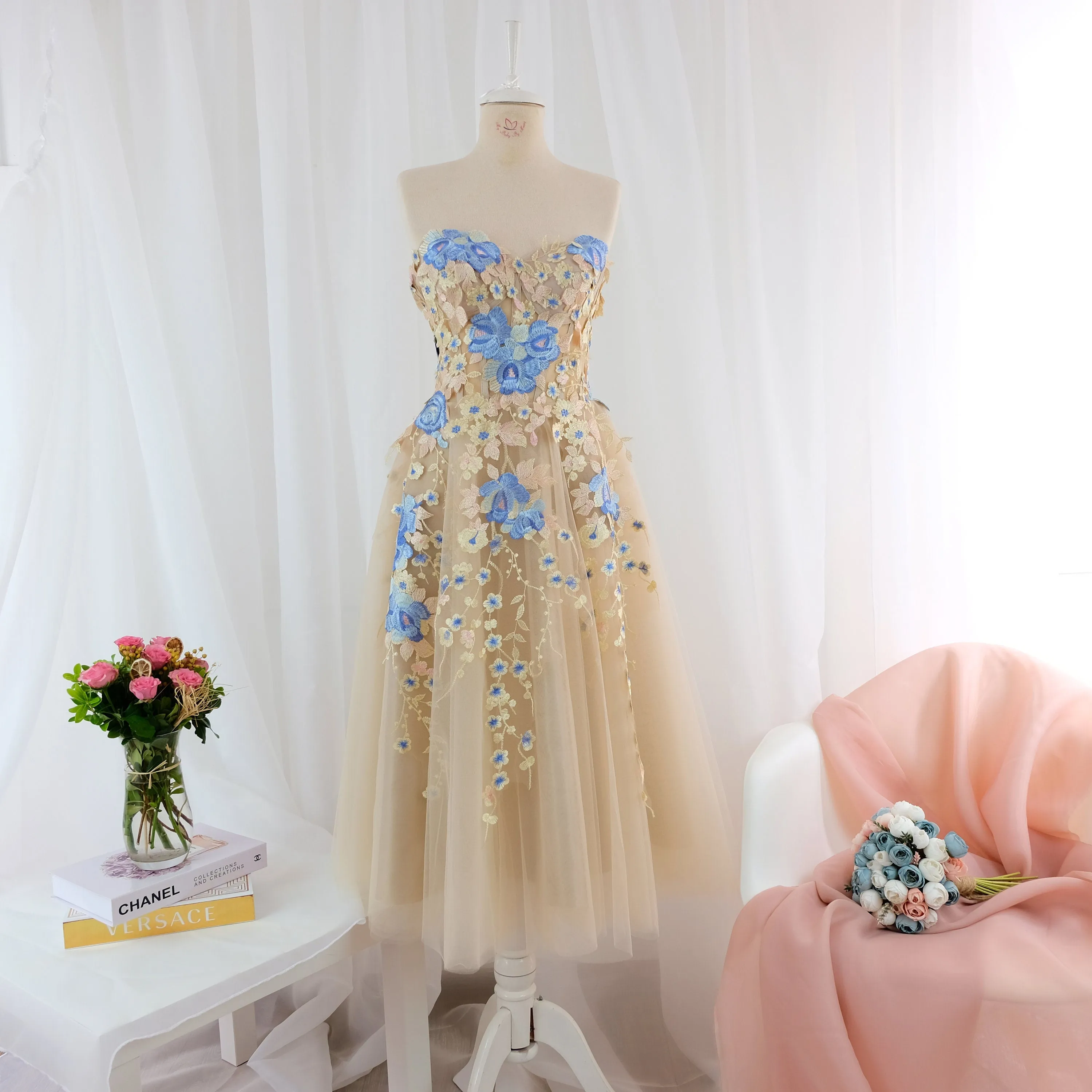 Embroidered prom women dress nude blush