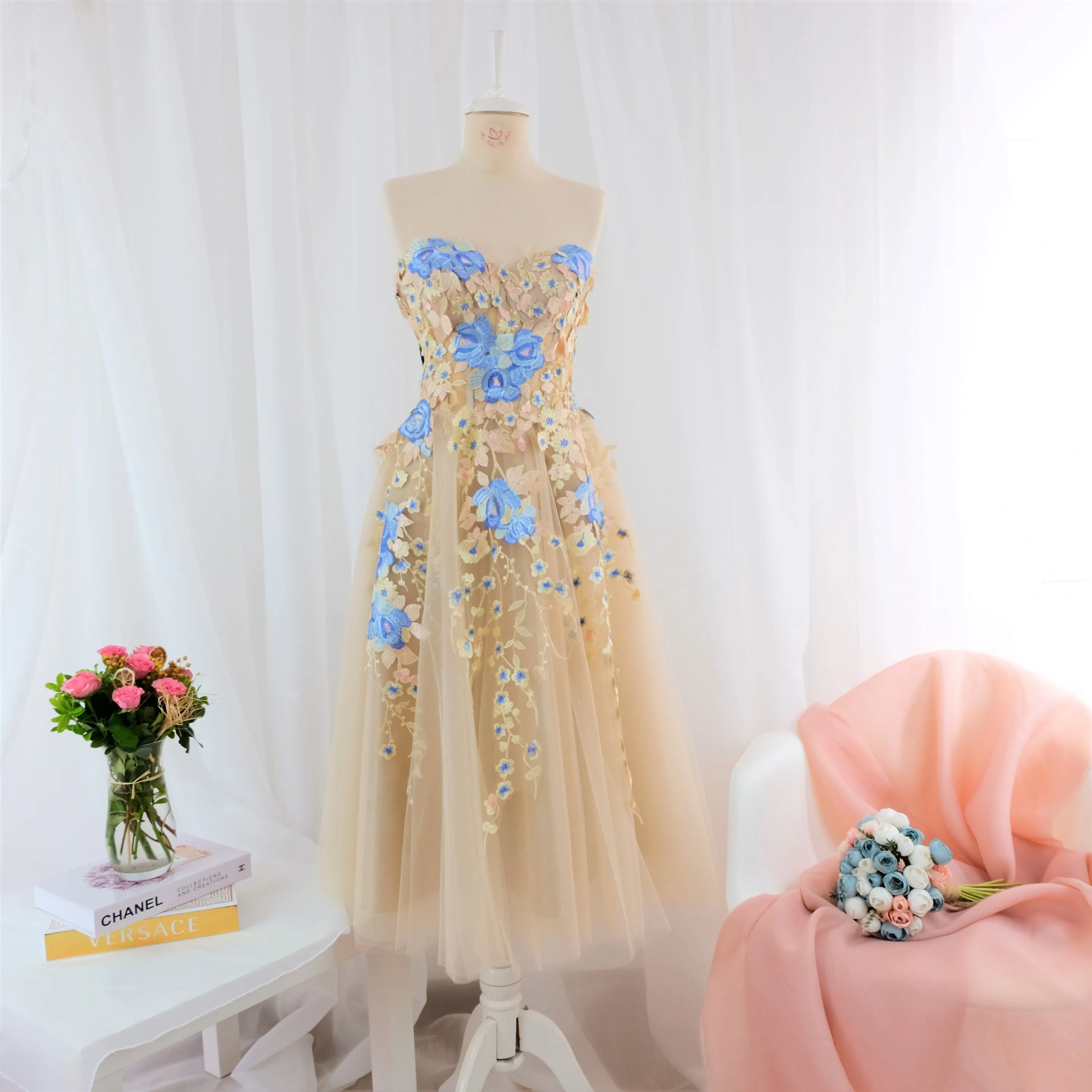 Embroidered prom women dress nude blush
