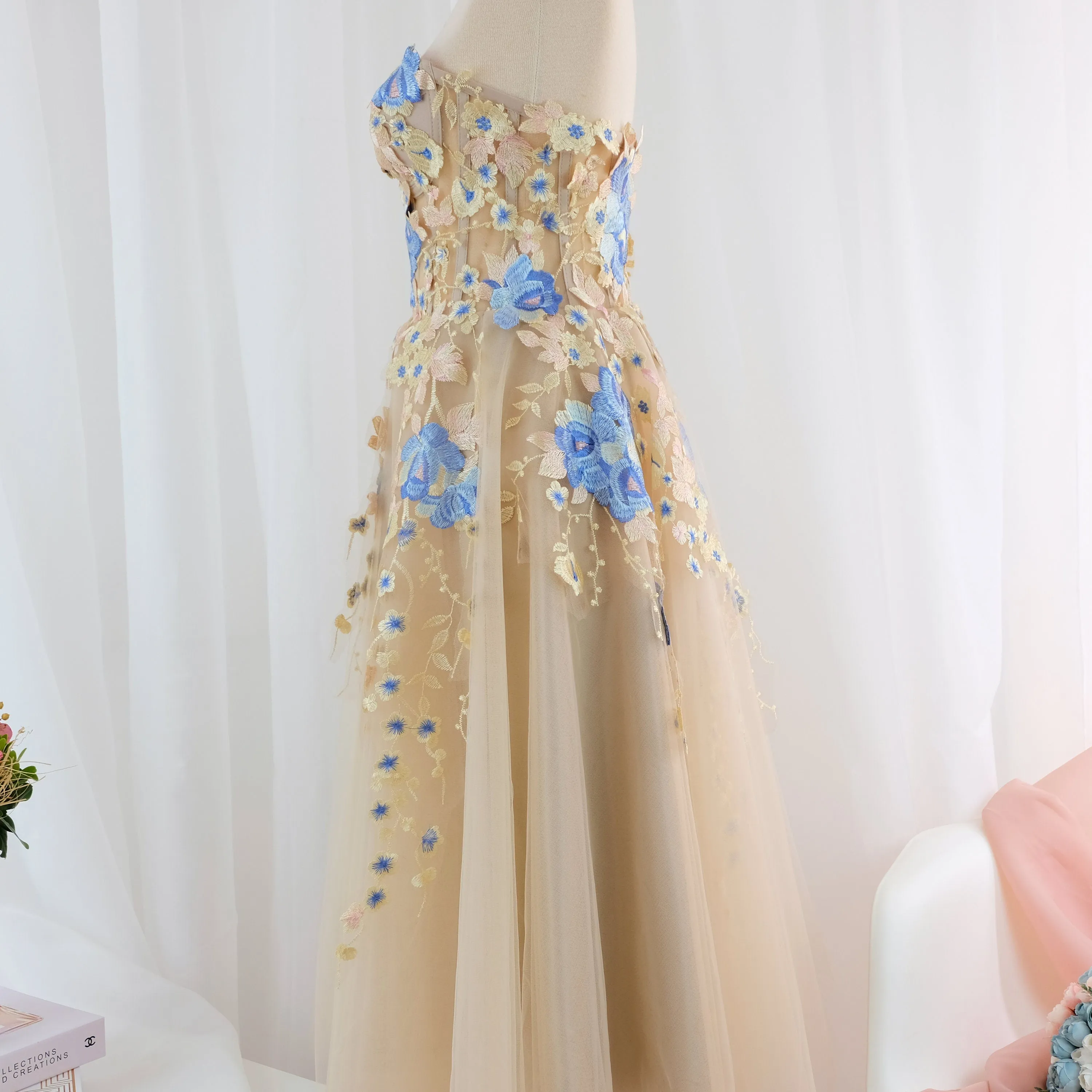 Embroidered prom women dress nude blush