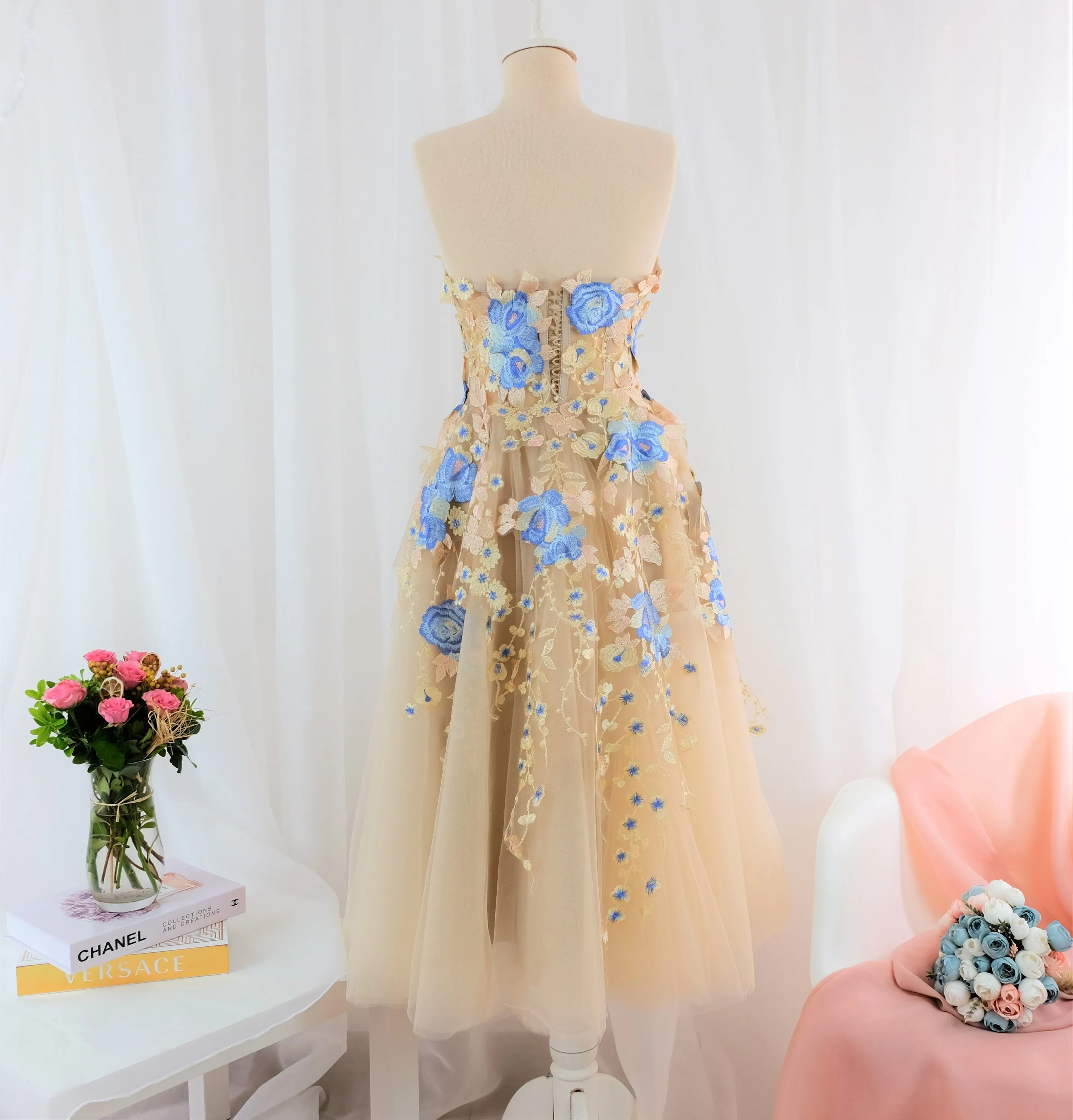 Embroidered prom women dress nude blush