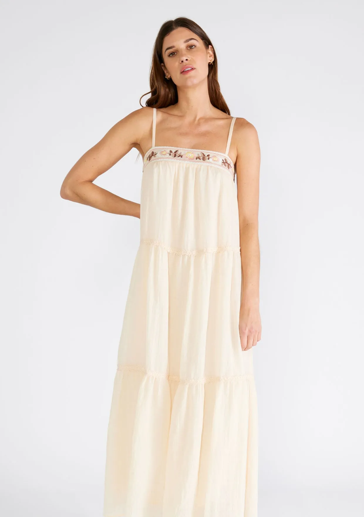 Embroidered Square Neck Tiered Maxi Dress
