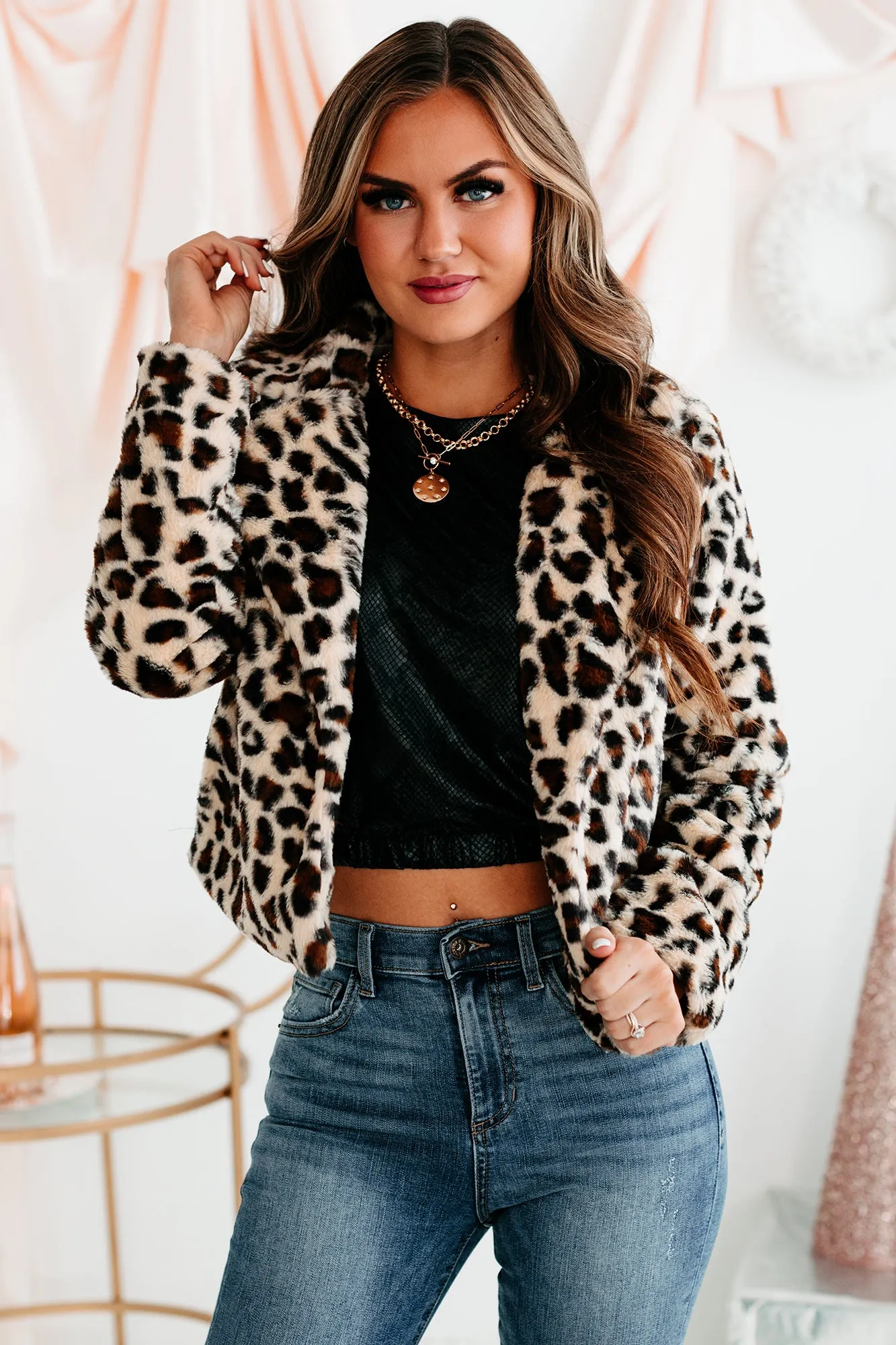 Fancy Feels Leopard Print Faux Fur Jacket (Beige)