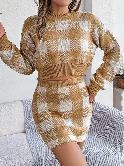 Feel Young Plaid Knit Crop Sweater and Skirt Set