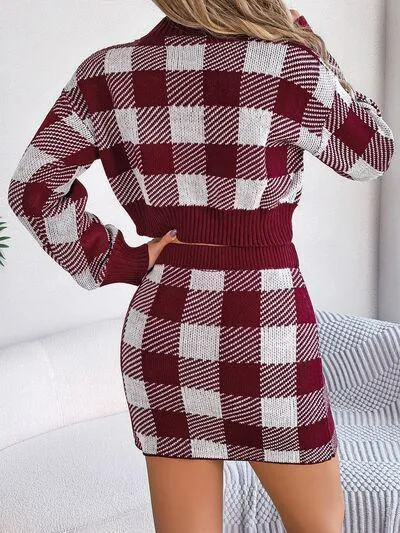 Feel Young Plaid Knit Crop Sweater and Skirt Set