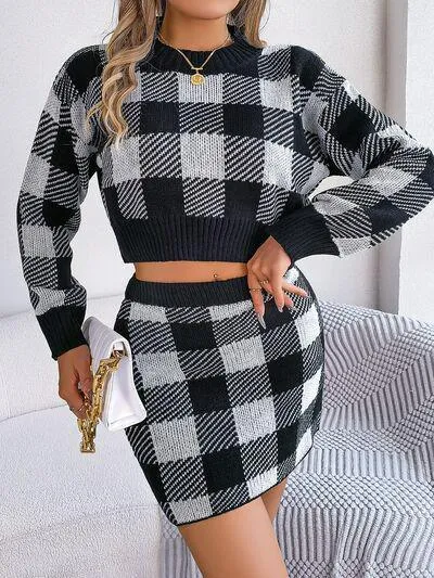 Feel Young Plaid Knit Crop Sweater and Skirt Set