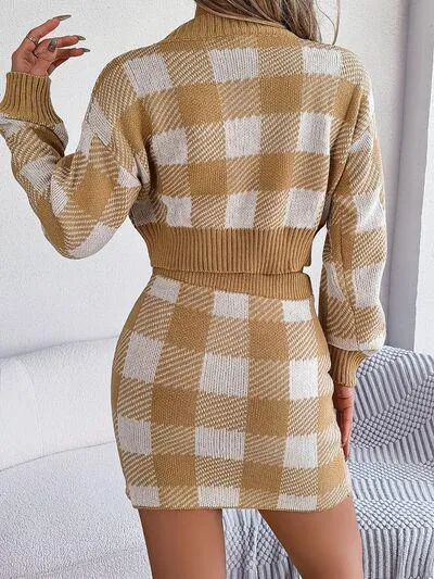 Feel Young Plaid Knit Crop Sweater and Skirt Set