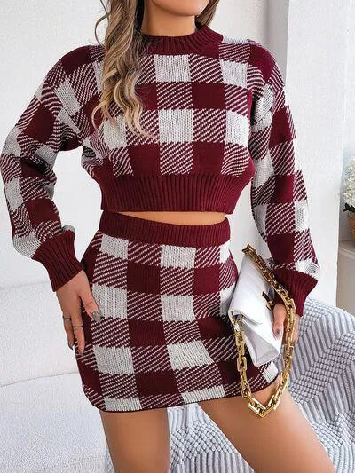 Feel Young Plaid Knit Crop Sweater and Skirt Set