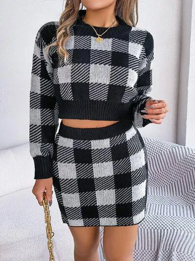 Feel Young Plaid Knit Crop Sweater and Skirt Set
