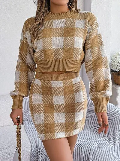 Feel Young Plaid Knit Crop Sweater and Skirt Set