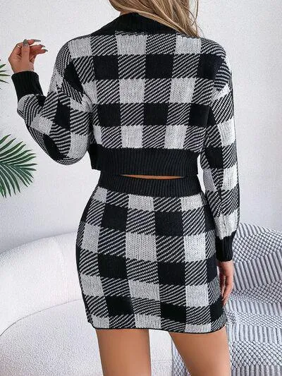 Feel Young Plaid Knit Crop Sweater and Skirt Set