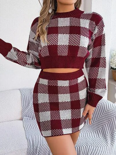Feel Young Plaid Knit Crop Sweater and Skirt Set