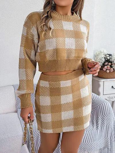 Feel Young Plaid Knit Crop Sweater and Skirt Set