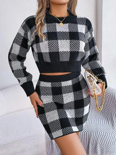 Feel Young Plaid Knit Crop Sweater and Skirt Set