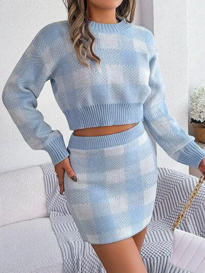 Feel Young Plaid Knit Crop Sweater and Skirt Set