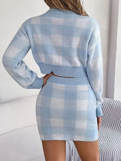 Feel Young Plaid Knit Crop Sweater and Skirt Set