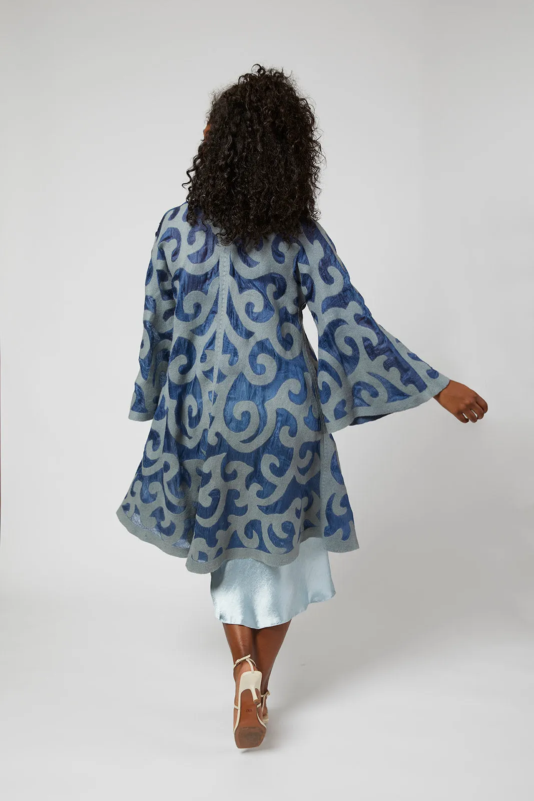Felted Wool Swing Coat from Kyrgyzstan - Long Sleeve - Blue Grey