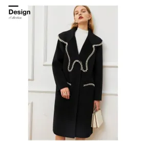 FINAL SALE DPLAY Fall Winter Black Pearl Collar 100% Wool Reversible Jacket coat - Usi
