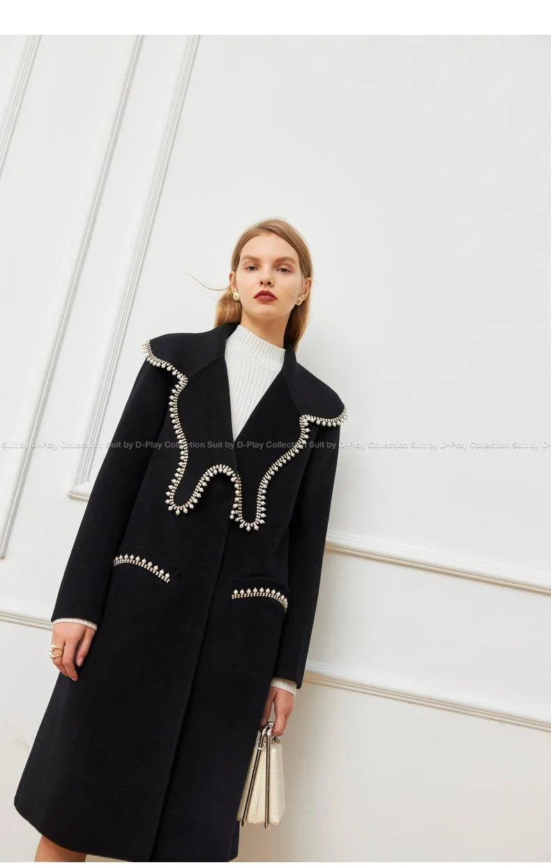 FINAL SALE DPLAY Fall Winter Black Pearl Collar 100% Wool Reversible Jacket coat - Usi